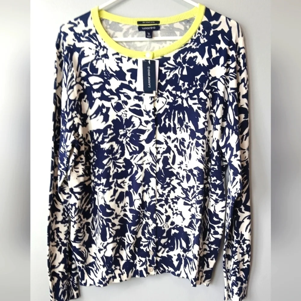Lands' End Navy & Ivory Floral Cardigan Women's XL NWT